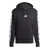 Buzo Adidas Essentials 3-Stripes negro con capucha, cordones ajustables, bolsillo tipo canguro y logo de la marca bordado en el pecho. Presenta las tres tiras características de Adidas en color blanco a lo largo de las mangas.