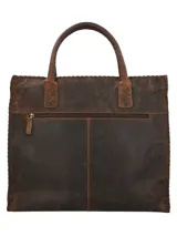 Cartera tote de cuero color marrón oscuro con asas cortas y bolsillo frontal con diseño de hojas en relieve.