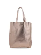 Bolso tipo tote bag color rosa metalizado, con doble asa de hombro y bolsillo lateral.