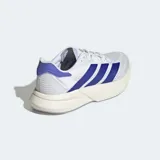 Championes Adidas Duramo Speed 2, color blanco con detalles en azul y suela blanca.