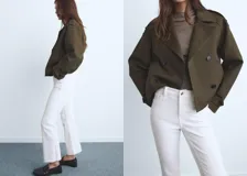 Jeans blancos de tiro medio, corte flare y largo crop con bajo deshilachado. Confeccionados en mezcla de algodón elástico.