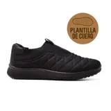 Zapatilla deportiva negra con capellada textil acolchada y plantilla de cuero.
