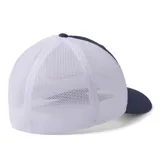 Gorra de béisbol Columbia color beige con paneles traseros de malla azul marino y logo de la marca bordado en el frente.