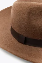 Sombrero marrón de ala ancha confeccionado en lana, con cinta de contraste color marrón oscuro.