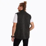 Chaleco de polar color gris jaspeado con cierre frontal, cuello alto, bolsillo en el pecho con cierre y bolsillos laterales con interior de polar.
