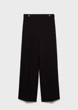 Pantalón azul marino de tiro medio y corte recto, con detalle de botones decorativos en la cintura y cierre frontal con botón, gancho y cremallera. Diseño crop.