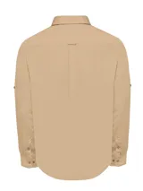 Camisa de hombre azul de manga larga, confeccionada en algodón orgánico con tecnología UPF 20+ y botones de madera.