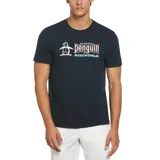 Remera negra de algodón con cuello redondo y manga corta. Estampado frontal con el logo de Original Penguin en blanco y naranja.