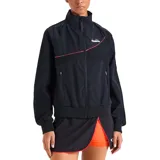 Campera deportiva negra con cierre frontal, cuello alto, bolsillos laterales con cierre y detalles en color coral.
