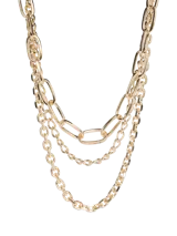 Collar dorado de múltiples cadenas con eslabones de diferentes tamaños.