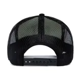 Gorro de camionero color amarillo con logo CAT negro estampado en el frente y paneles traseros de malla negra.