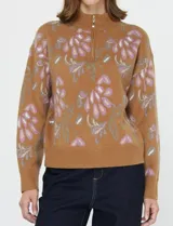 Buzo de tejido de punto azul marino con estampado floral en tonos terracota y verde azulado. Presenta cuello alto con cierre parcial frontal y puños y ruedo acanalados.