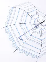 Paraguas transparente con diseño de rayas y encaje en color celeste.