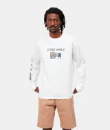 Remera blanca de manga larga con estampado de un personaje viendo televisión y la frase "Static Magic".
