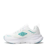 Championes deportivos Umbro modelo Dash W, color blanco con detalles en turquesa. Presentan un diseño de running con suela gruesa y logo Umbro en el lateral.
