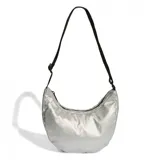 Bolso Adidas GL tipo pouch, color gris plateado, con correa de hombro negra regulable y logo de Adidas estampado en blanco.