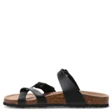 Sandalias bajas de cuero marrón con plantilla anatómica y hebillas ajustables.