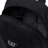Mochila azul con estampado geométrico, logo de la marca en el frente, tirantes ajustables de malla elástica, bolsillo portaobjetos y ranuras para bolígrafos en el compartimento principal, compartimento trasero con bolsillo acolchado para portátil y cierre de cremallera.