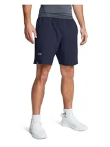 Short deportivo Under Armour Woven 8in, color azul con logo en la pierna izquierda y cintura elástica con cordón ajustable. Confeccionado con tejido ligero y transpirable de secado rápido.