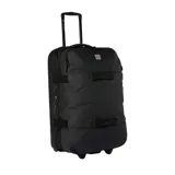 Bolso de viaje negro con capacidad de 110 litros, diseñado para facilitar el transporte con ruedas y un mango retráctil.