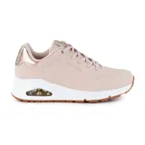 Championes Skechers Street Uno - Shimmer Away color beige con detalles dorados. Capellada de durabuck sintético, cordones elásticos, plantilla Skechers Air-Cooled Memory Foam y media suela visible Skech-Air con cámara de aire.