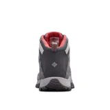 Bota de trekking de caña media Columbia Crestwood Mid Waterproof, color gris con detalles en rojo. Capellada de cuero, malla y cincha, con tecnología impermeable Omni-Tech.