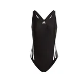 Malla de mujer color negro con tirantes cruzados y diseño de tres bandas laterales, fabricada en tejido reciclado resistente al cloro.