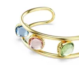 Brazalete abierto dorado con tres cristales facetados de talla cojín: verde, rosa y azul.