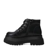 Botas de mujer Miss Carol modelo Morgana, color negro charol, estilo militar con plataforma gruesa y cordones.
