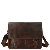 Maletín de cuero marrón con correa de hombro ajustable, solapa con cierre magnético y hebillas decorativas. Incluye compartimento principal con cierre, bolsillo acolchado para laptop de 15 pulgadas, bolsillo trasero con cierre y bolsillo interior con cierre.