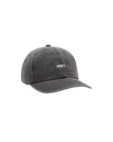 Gorra de gabardina color gris oscuro con visera curva, seis paneles y correa ajustable en la parte trasera. Logo de Obey bordado en blanco en el frente.