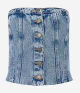 Top de jean celeste, estilo corset, sin breteles, con escote recto, botones delanteros y lastex en la espalda.