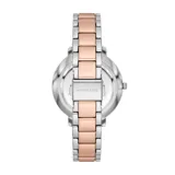 Reloj Michael Kors modelo Pyper, con caja plateada y detalles en oro rosa, bisel con cristales y esfera blanca con logo MK en repetición.
