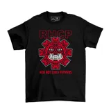 Remera negra de algodón con el logo de la banda Red Hot Chili Peppers en rojo y blanco.