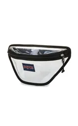 Riñonera transparente con ribetes negros y logo de JanSport en el frente. Tiene un compartimento principal con cierre y correa ajustable con hebilla.