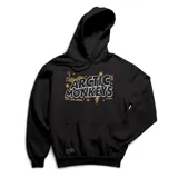 Canguro negro con capucha y bolsillo delantero, con estampado del logo de la banda Arctic Monkeys en color blanco.