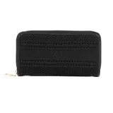 Billetera negra con textura tejida, cierre perimetral y logo XL en el centro. Cuenta con múltiples compartimentos internos y herrajes plateados.
