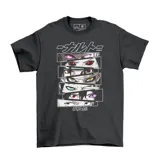 Remera negra con estampado de personajes de Naruto y sus ojos característicos.