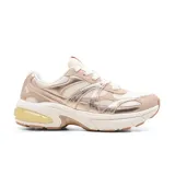 Championes Skechers Shadow Stellar 90 para mujer, color blanco y detalles en dorado. Capellada de malla y cuero sintético metalizado, plantilla Air Cooled Memory Foam y suela Li que proporciona excelente tracción.