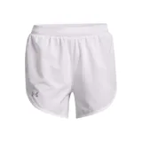 Short deportivo Under Armour Fly By Elite 3, color blanco, con cintura elástica, logo reflectivo y paneles laterales de malla.