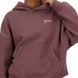 Buzo hoodie color marrón con logo de New Balance estampado en el pecho. Tiene capucha, bolsillo tipo canguro, mangas largas con puños acanalados y dobladillo acanalado.