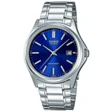Reloj Casio analógico con caja y correa de acero plateado, esfera azul, cristal mineral y movimiento de cuarzo.