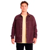 Chaqueta unisex color borgoña con cierre frontal de botones a presión, cuello clásico, dos bolsillos superiores con solapa y dos bolsillos inferiores con entrada lateral.