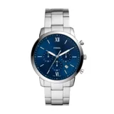 Reloj Fossil con correa de acero plateado y esfera azul con números romanos.