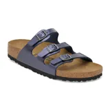 Sandalias Birkenstock modelo Florida, color azul metalizado, con tres tiras ajustables con hebillas plateadas.