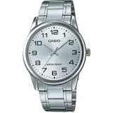 Reloj Casio plateado con caja de acero inoxidable y esfera plateada de 45mm. Resistente al agua.