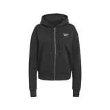 Campera deportiva de mujer con cierre, de corte holgado y confeccionada en felpa de mezcla de algodón, con bolsillos tipo canguro.