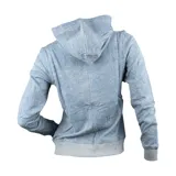 Campera con capucha y cierre frontal, color celeste jaspeado con detalles en gris.