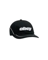 Gorra negra de algodón con visera curva y logo Obey bordado en blanco en el frente. Tiene detalles de ribetes blancos en la visera y el panel trasero.