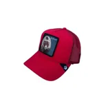 Gorra Goorin Bros roja con visera curva y parche frontal con un oso y la palabra "Murder".